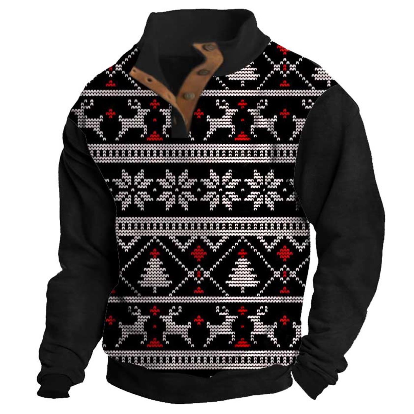 Men's Sweatshirt Christmas Stand Collar Buttons Daily Tops Black