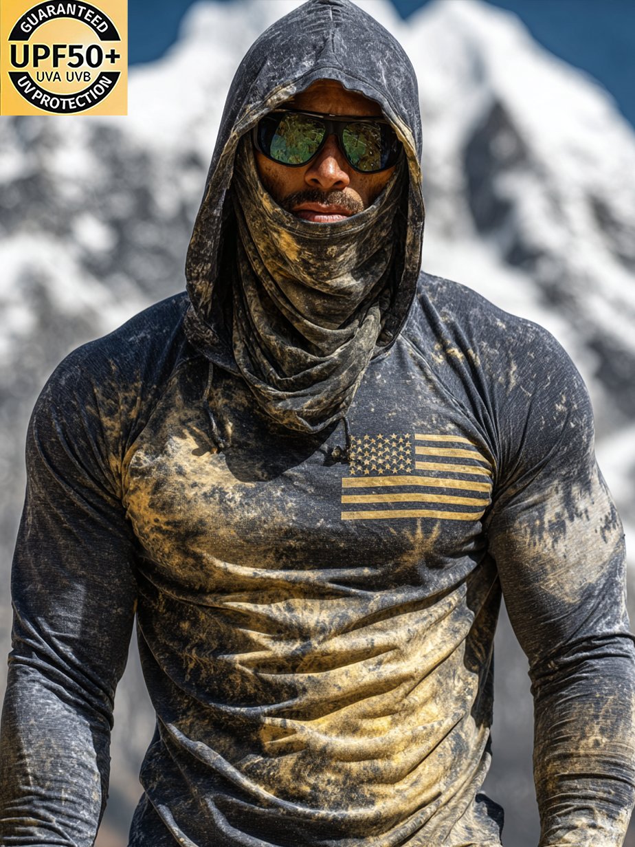 Men's Long Sleeve Hooded Patriotic Flag Distressed Camo Sun Protection Shirt