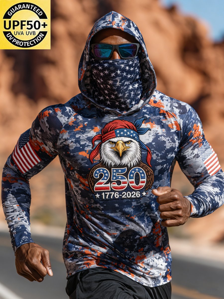 Men's Outdoor Sun Protection Breathable Cool Face Mask Hooded Printed Long-Sleeved Top