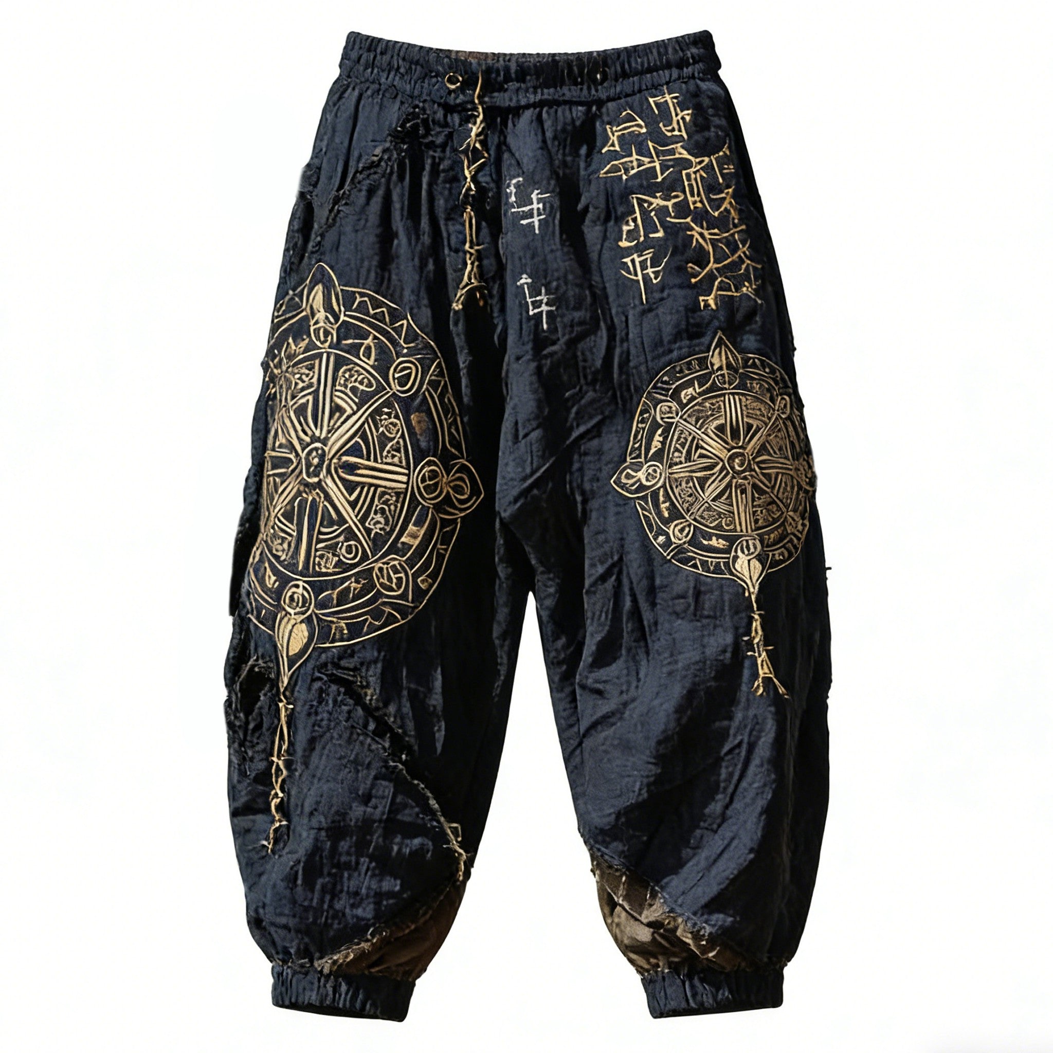 Unisex Distressed Pants - Dark Blue Gold Tribal Print Loose Fit Trousers
