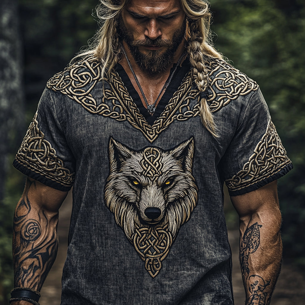 Men's Viking Tribal Celtic Knot Art Wolf Pattern Vintage Linen T-Shirt