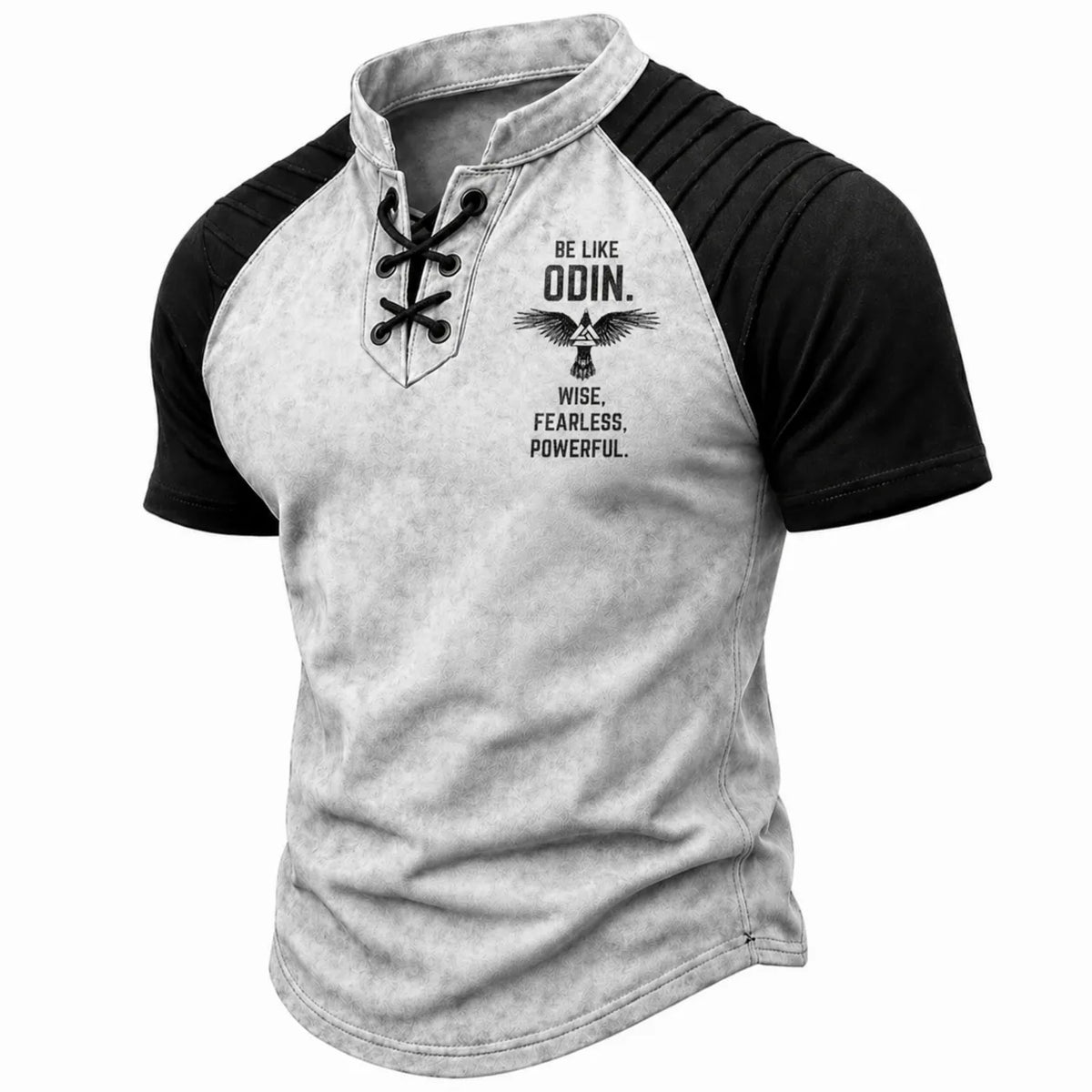 Men's Lace-Up Henley T-Shirt - Norse Graphic Two-Tone Raglan Short Sleeve Top