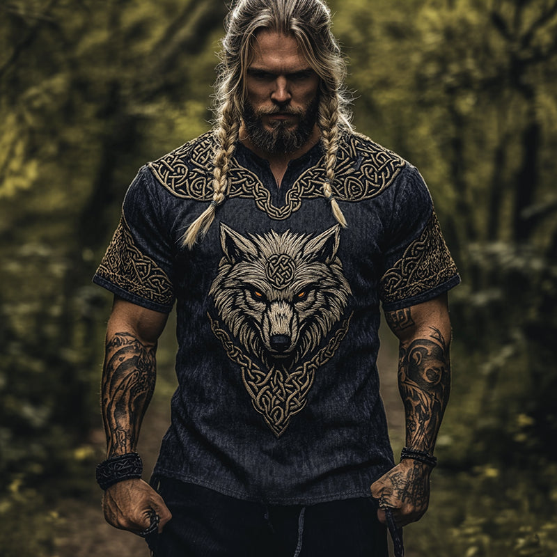 Men's Viking Knot Tribal Print Art Wolf Pattern Linen T-Shirt