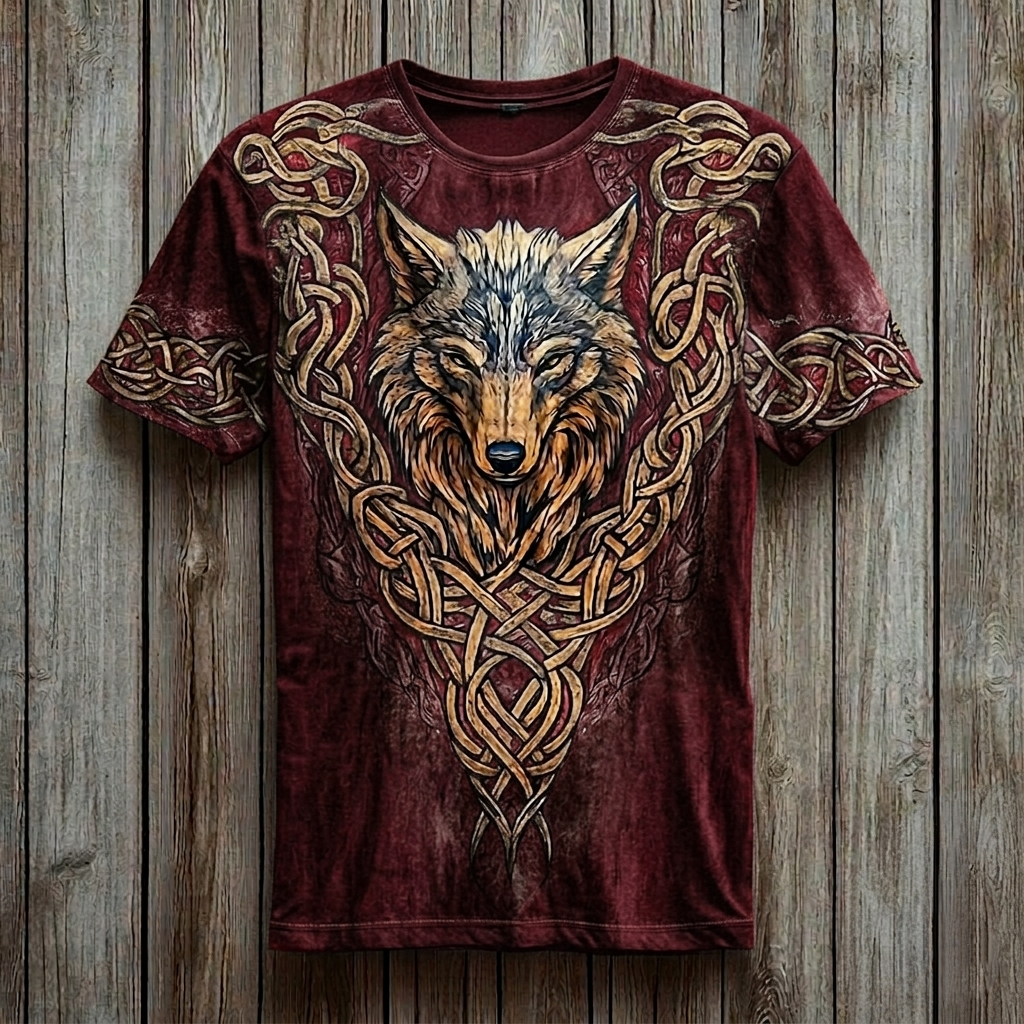 Men's Viking Fenrir Wolf Totem Knot Vintage 3D Print T-shirt