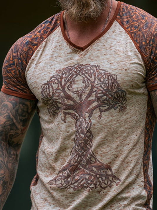 Men's Vintage Viking-Style Color-Block V-Neck Short-Sleeve Top