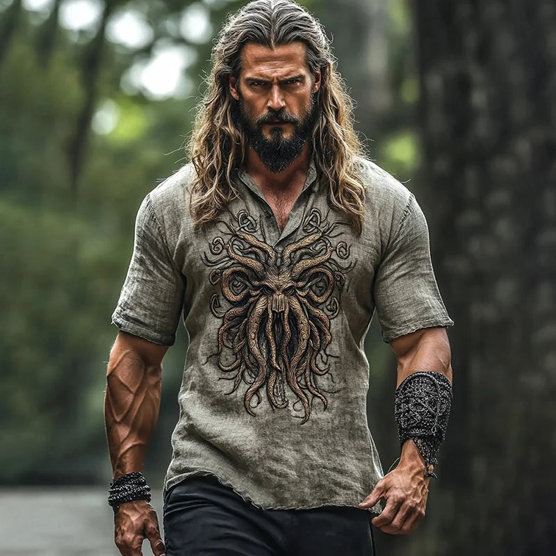 Men's Viking Tree Of Life Tribal Cthulhu Art Linen T-shirt