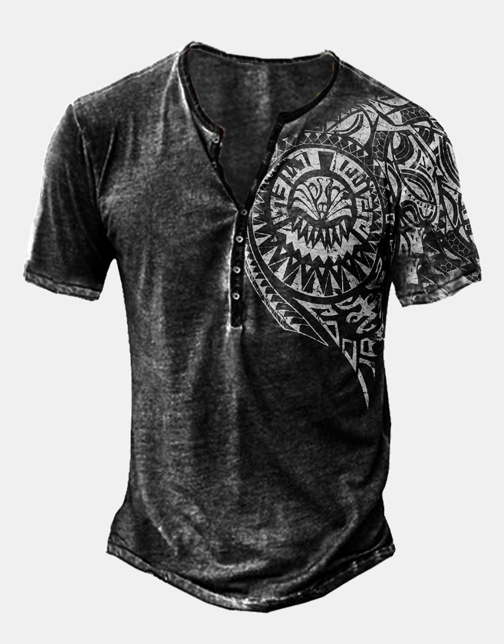 Men's Retro Totem Print Short Sleeve Henley T-Shirt