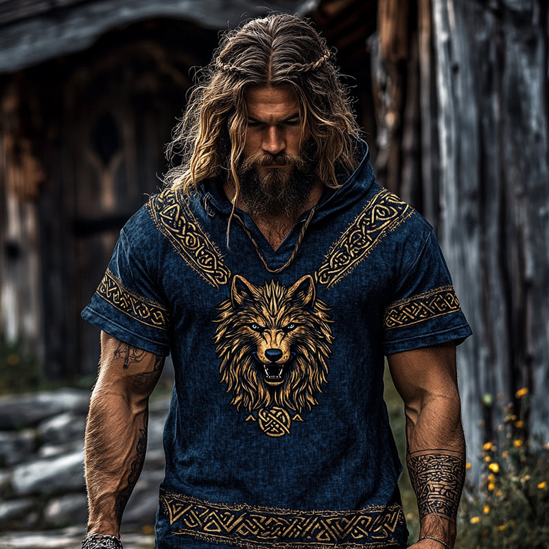 Men's Viking Tribal Knot Art Tree Of Life Wolf Pattern Linen Short Sleeve Hoodie