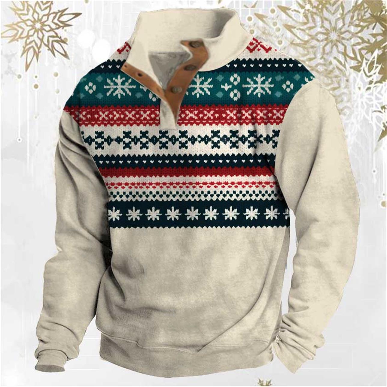 Men's Sweatshirt Christmas Stand Collar Buttons Daily Tops Beige