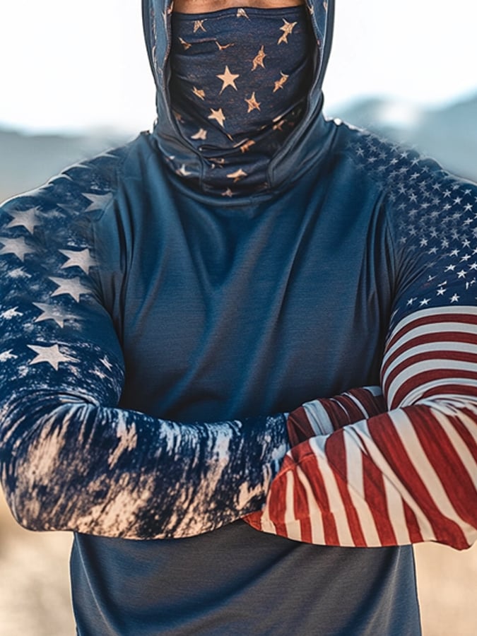 Men's Outdoor Sun Protection Breathable Cool Mask American Flag Print Hooded Sun Protection Long Sleeve Top