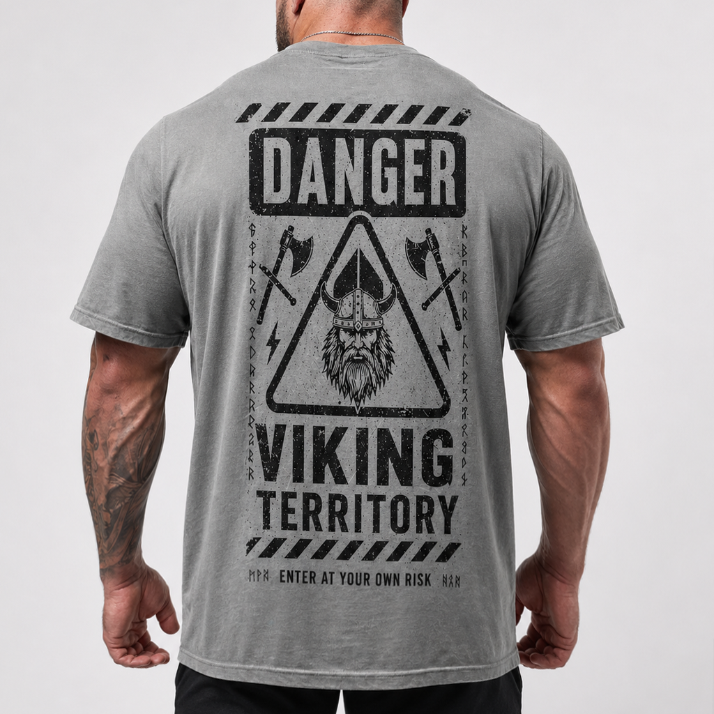 Men's Graphic Print T-Shirt - Grey Viking Territory Casual Gym Short Sleeve Tee
