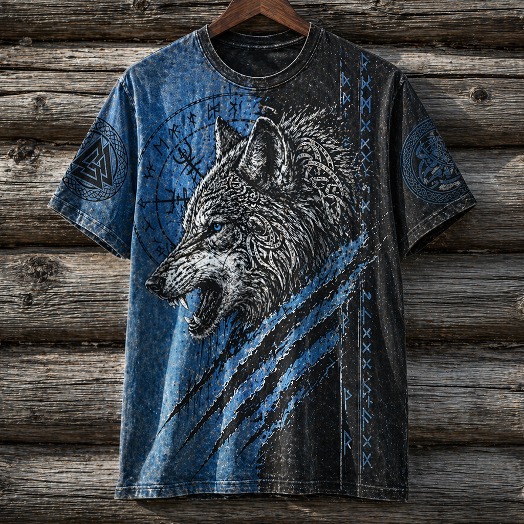 Unisex 3D Wolf Print Short Sleeve T-Shirt - Norse Mythology Blue & Black Graphic Tee