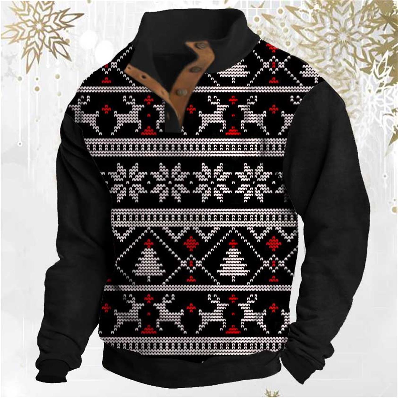 Men's Sweatshirt Christmas Stand Collar Buttons Daily Tops Black