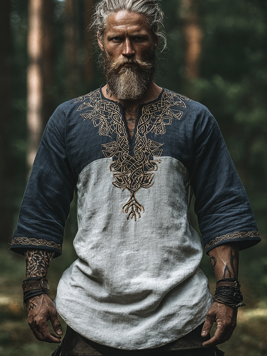 Men's Viking Occult Retro Two-Tone Tribal Golden Totem Long-Sleeve Linen T-shirt