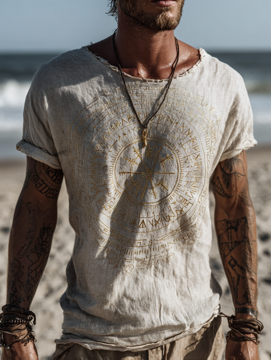 Men's Viking Vintage Runes Design Linen Shirt