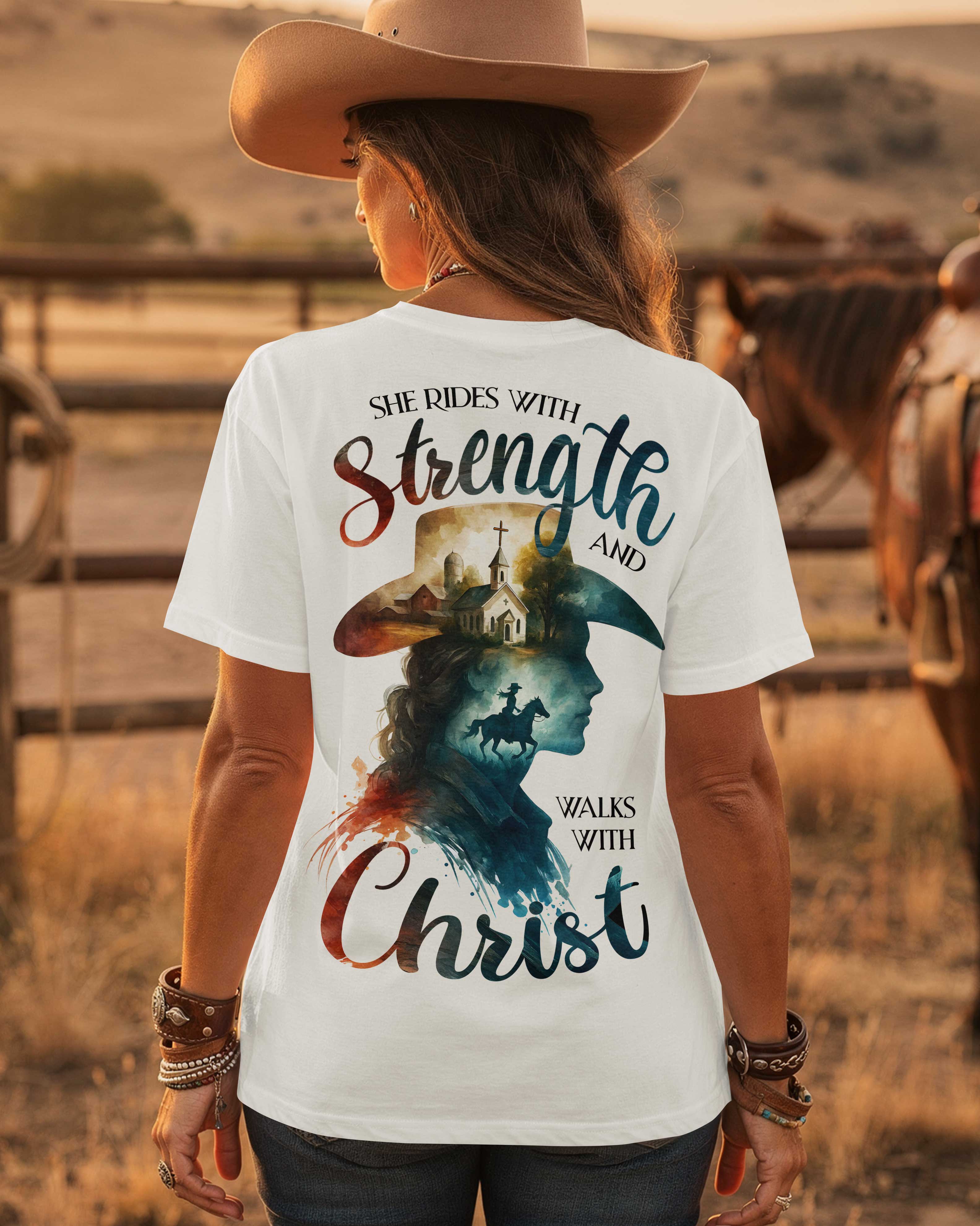 She Rides With Strength And Walks With Christ T-Shirt