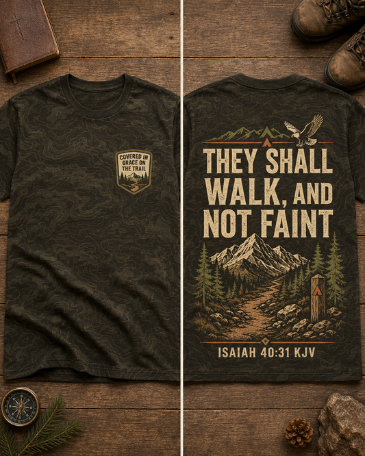 Christian Shirt Camo Hiking Aop, Covered In Grace Topographic Trail Tee