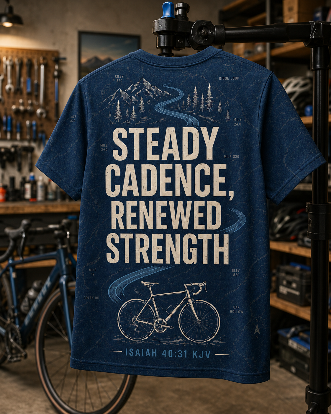 Christian Cycling Shirt Blue AOP T-shirt Steady Cadence Renewed Strength Isaiah 40:31 Faith Cyclist Gift