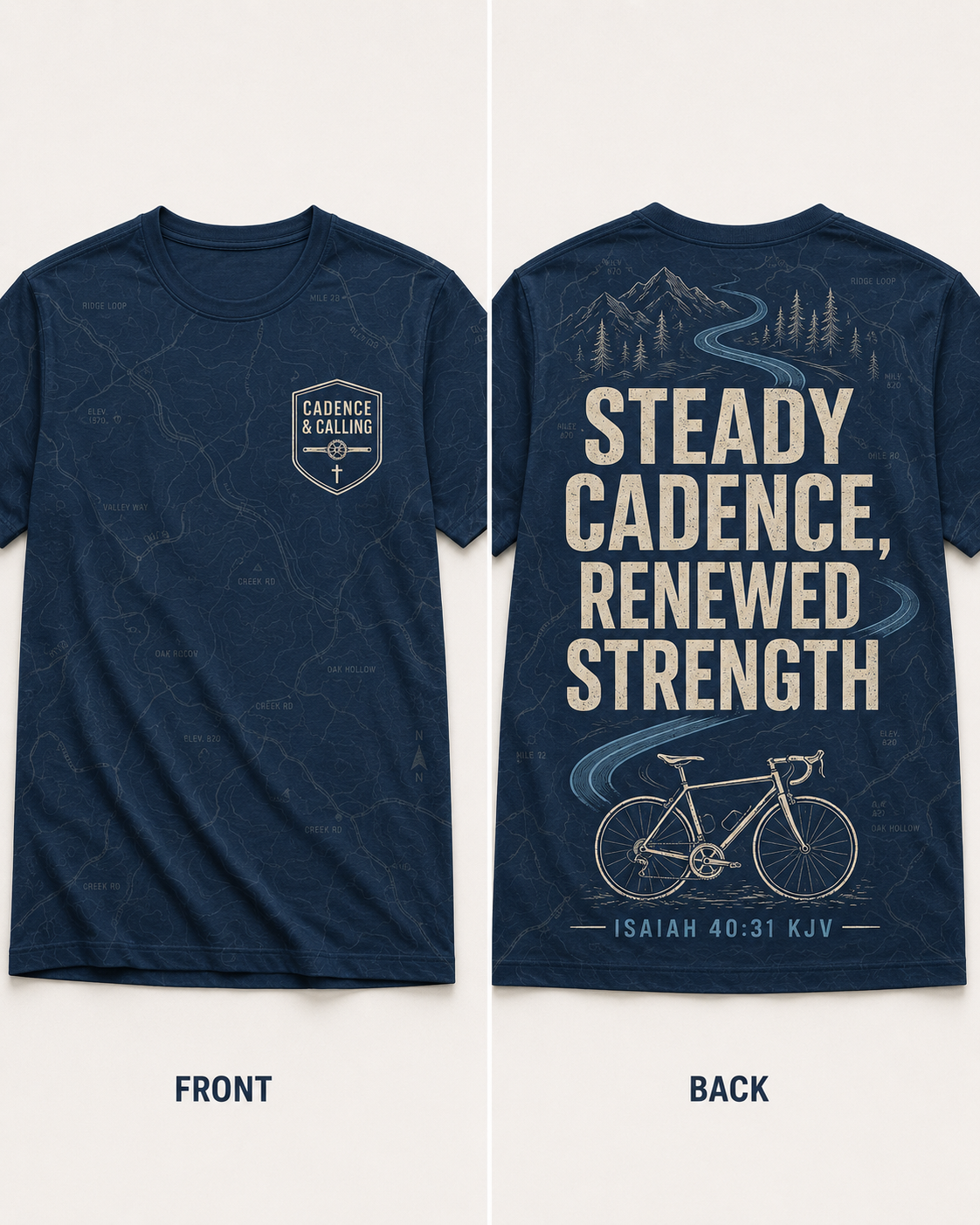 Christian Cycling Shirt Blue AOP T-shirt Steady Cadence Renewed Strength Isaiah 40:31 Faith Cyclist Gift