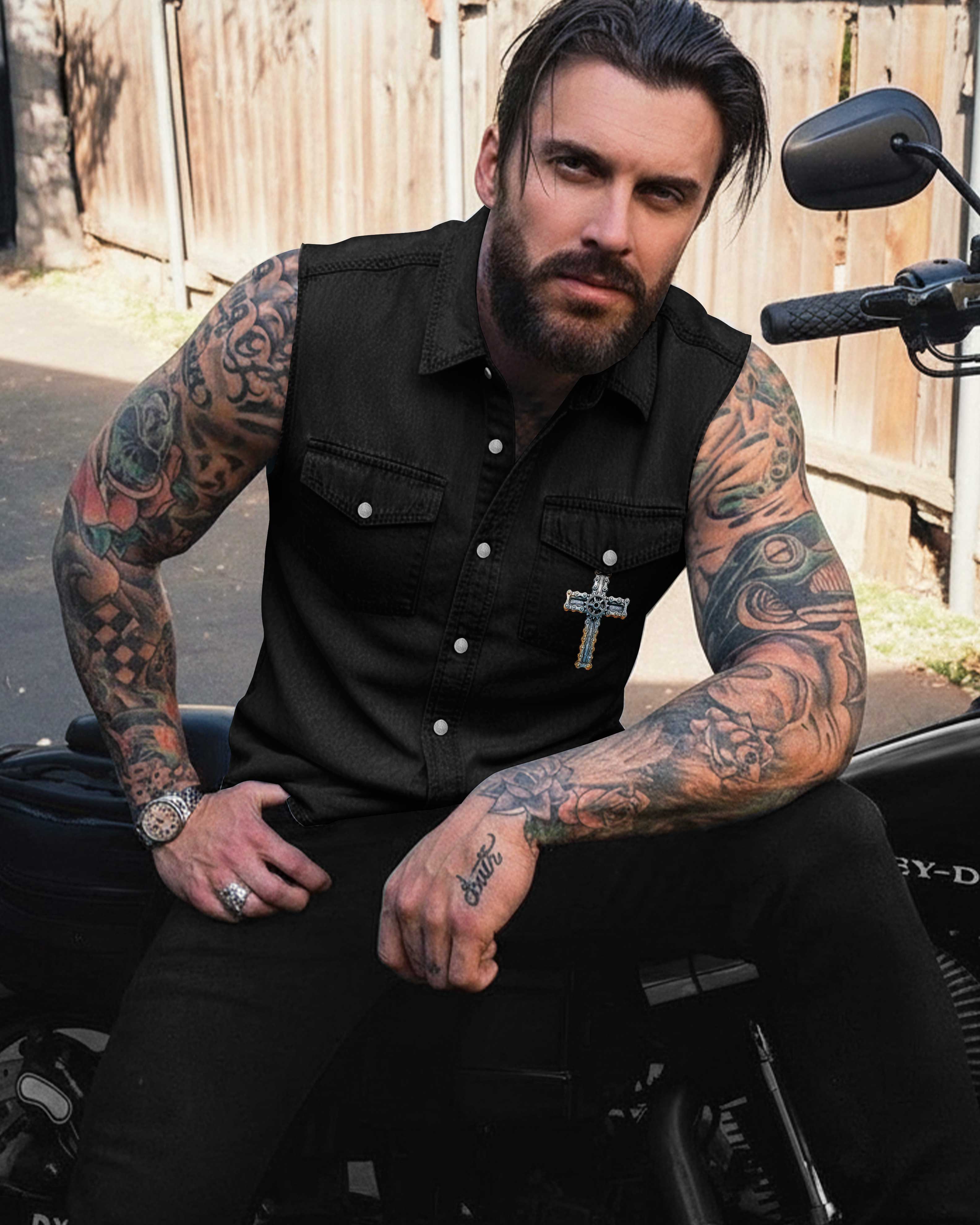 The Helmet Guards My Flesh Sleevesless Denim T-Shirt