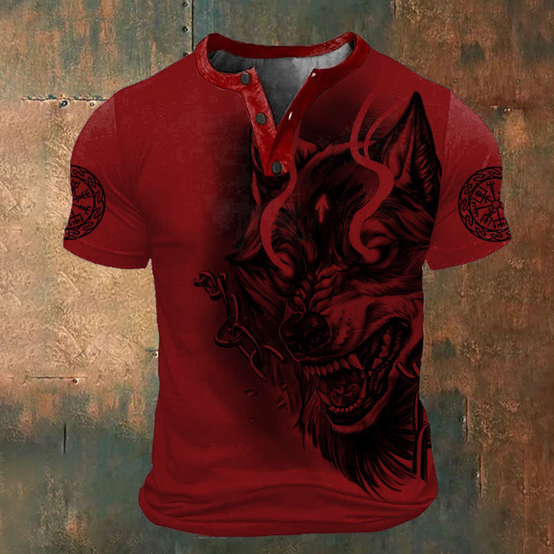 Wolf Fashion Retro Classic Men's 3D Printed T-Shirt Henley