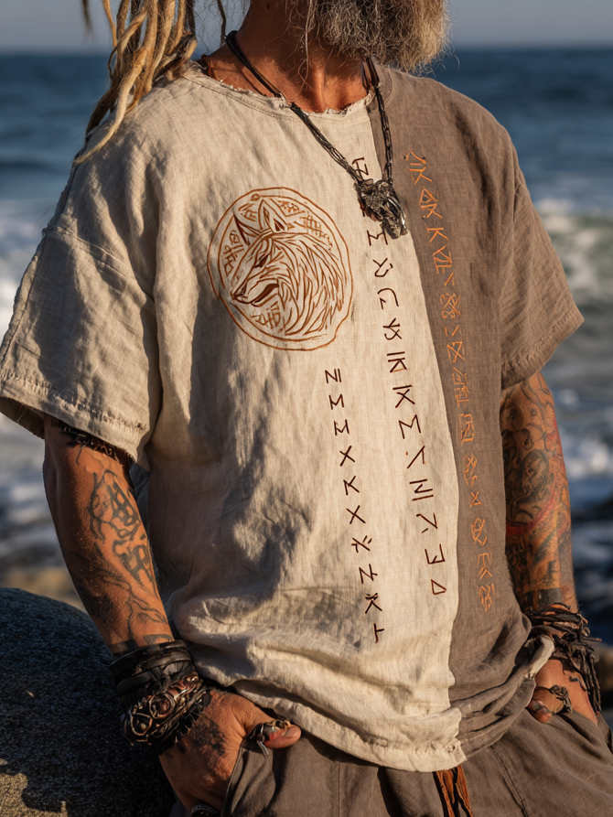 Men's Vintage Viking Distressed Wolf & Rune Design Linen Shirt
