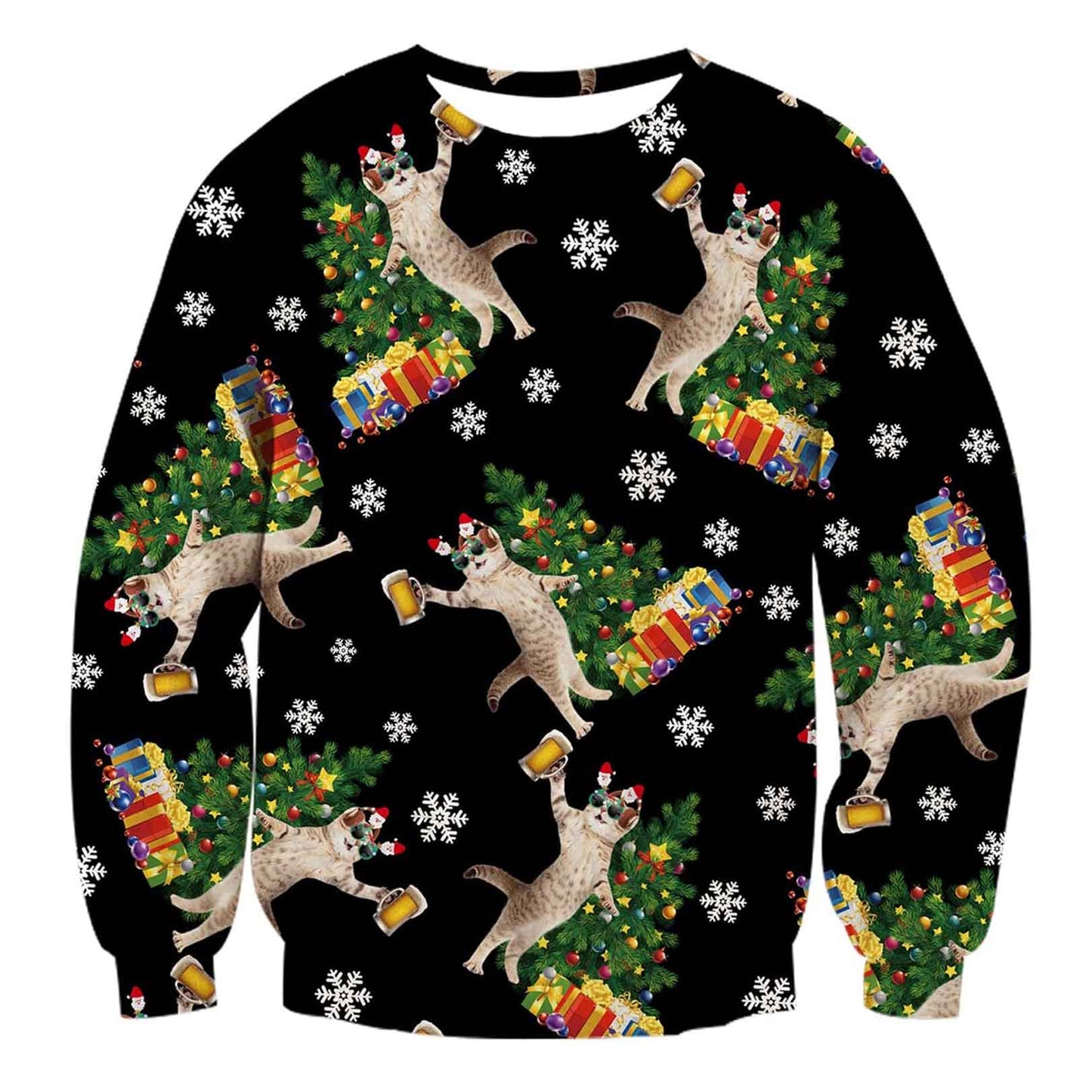 Unisex Beer DJ Cats Print Crew Neck Ugly Christmas Sweatshirt