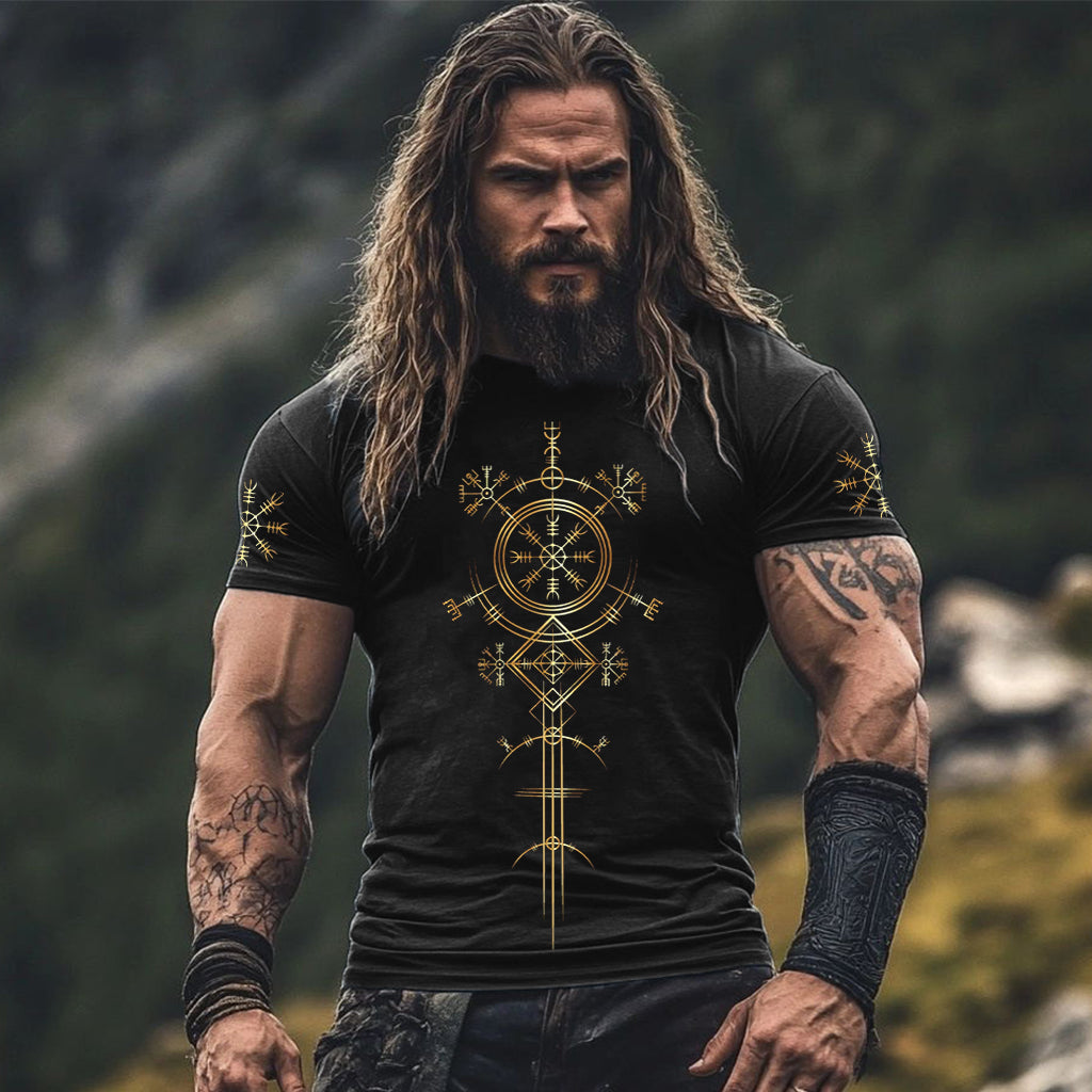 Men's Gold Viking Symbol Print Vintage Short Sleeve T-shirt