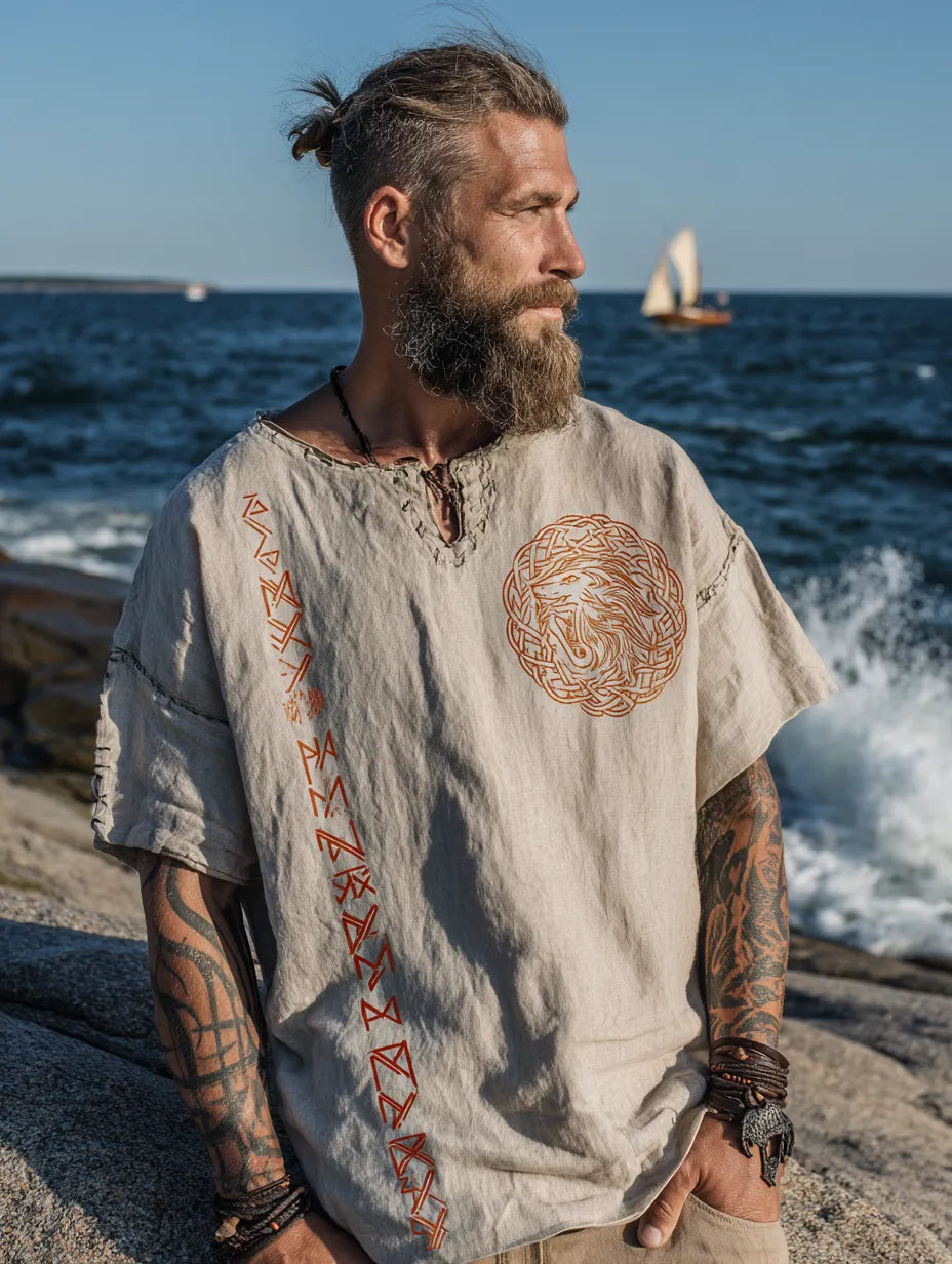Men's Viking Mythology Fenrir Retro Coastal T-Shirt