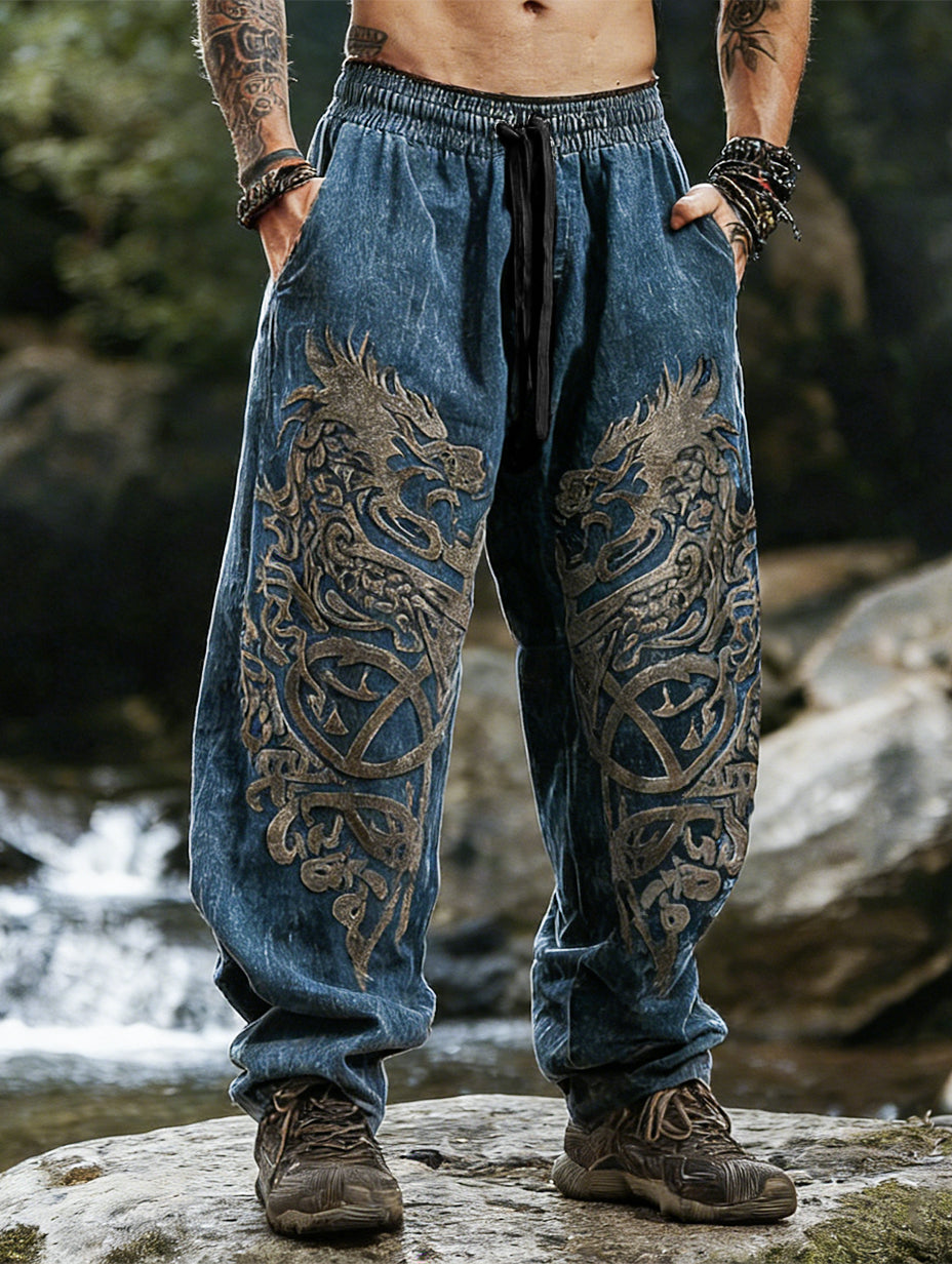 Dragon Totem Vintage Washed Print Retro Celtic Knot Sports Cotton-Linen Pants