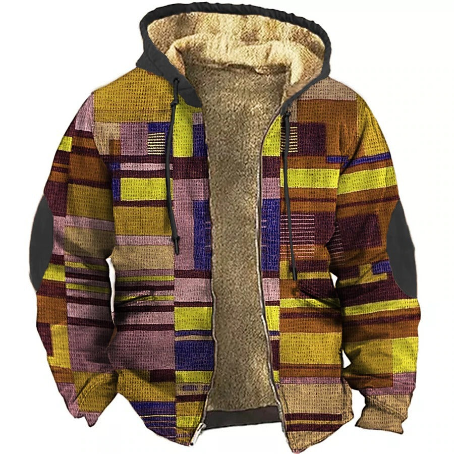 Men's Christmas Retro Colorful Geometric Print Fleece Casual Zipper Holiday Outing Hoodie Coat Jacket
