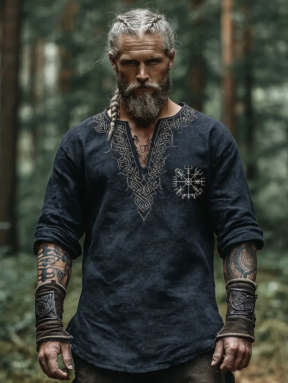 Men's Viking Style Vintage Rune Long-Sleeve Linen T-shirt