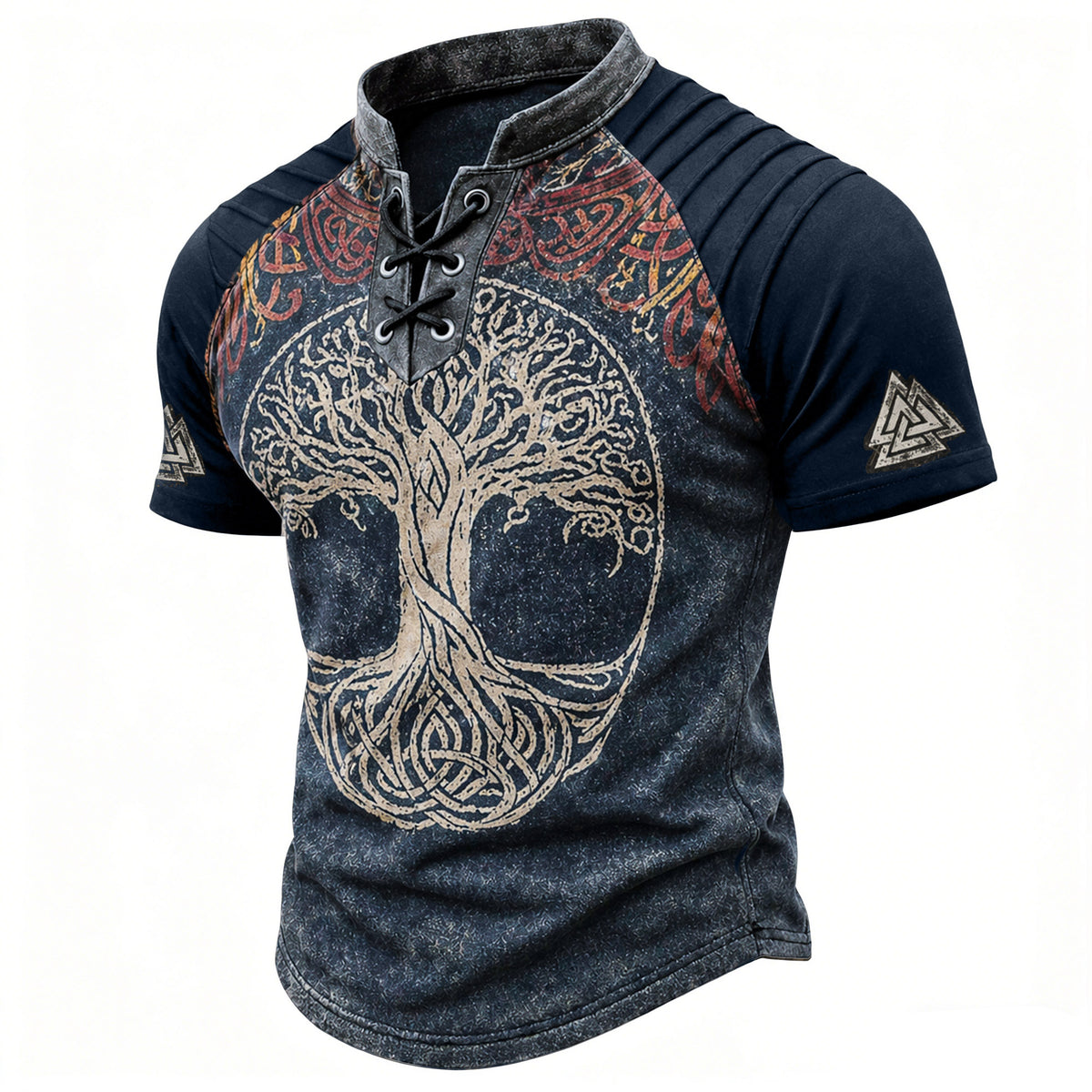 Men's Distressed Norse Tree of Life Print T-Shirt - Vintage Lace-Up Collar Short Sleeve Top