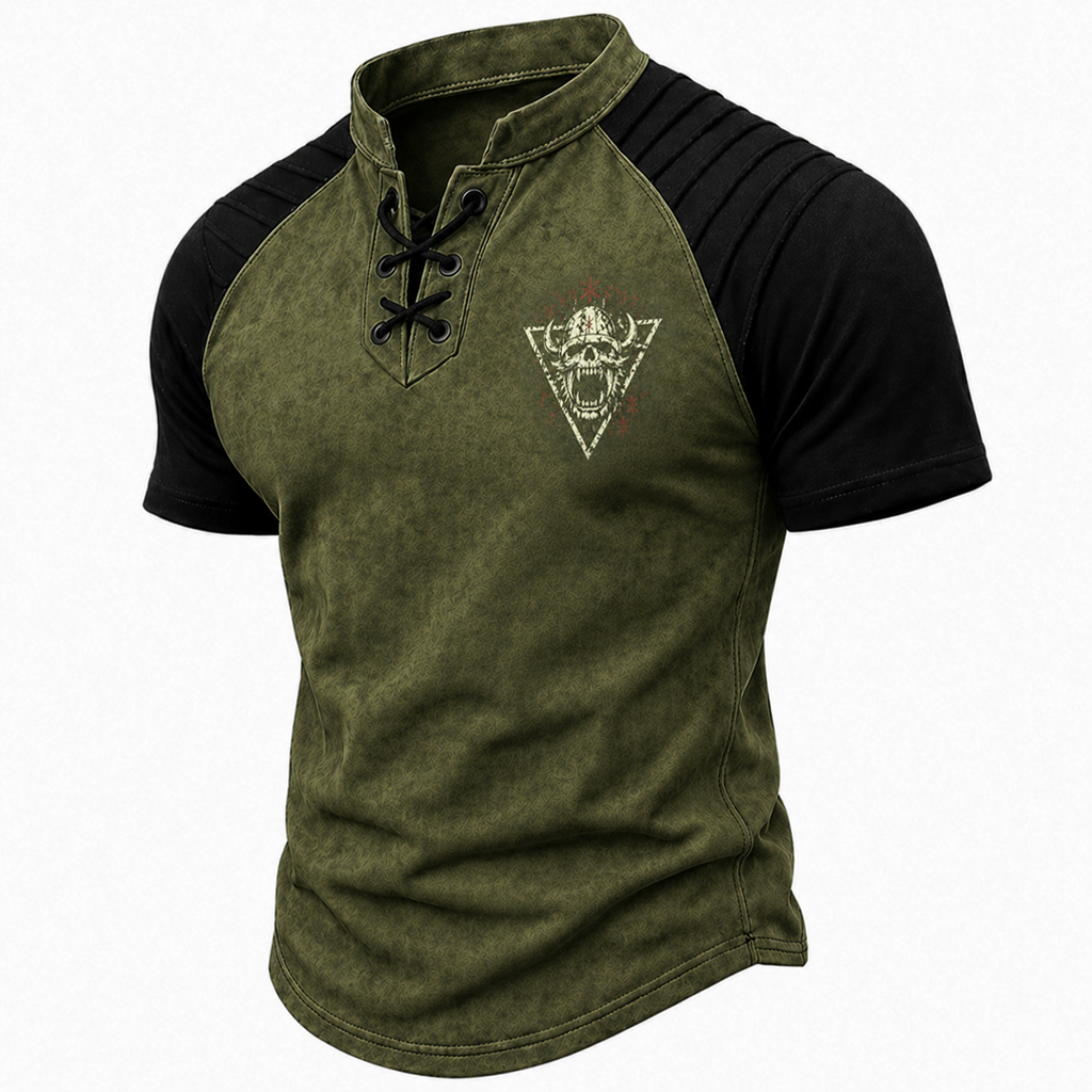 Men's Viking Skull Graphic Lace-Up Henley T-Shirt - Distressed Raglan Short Sleeve Tee
