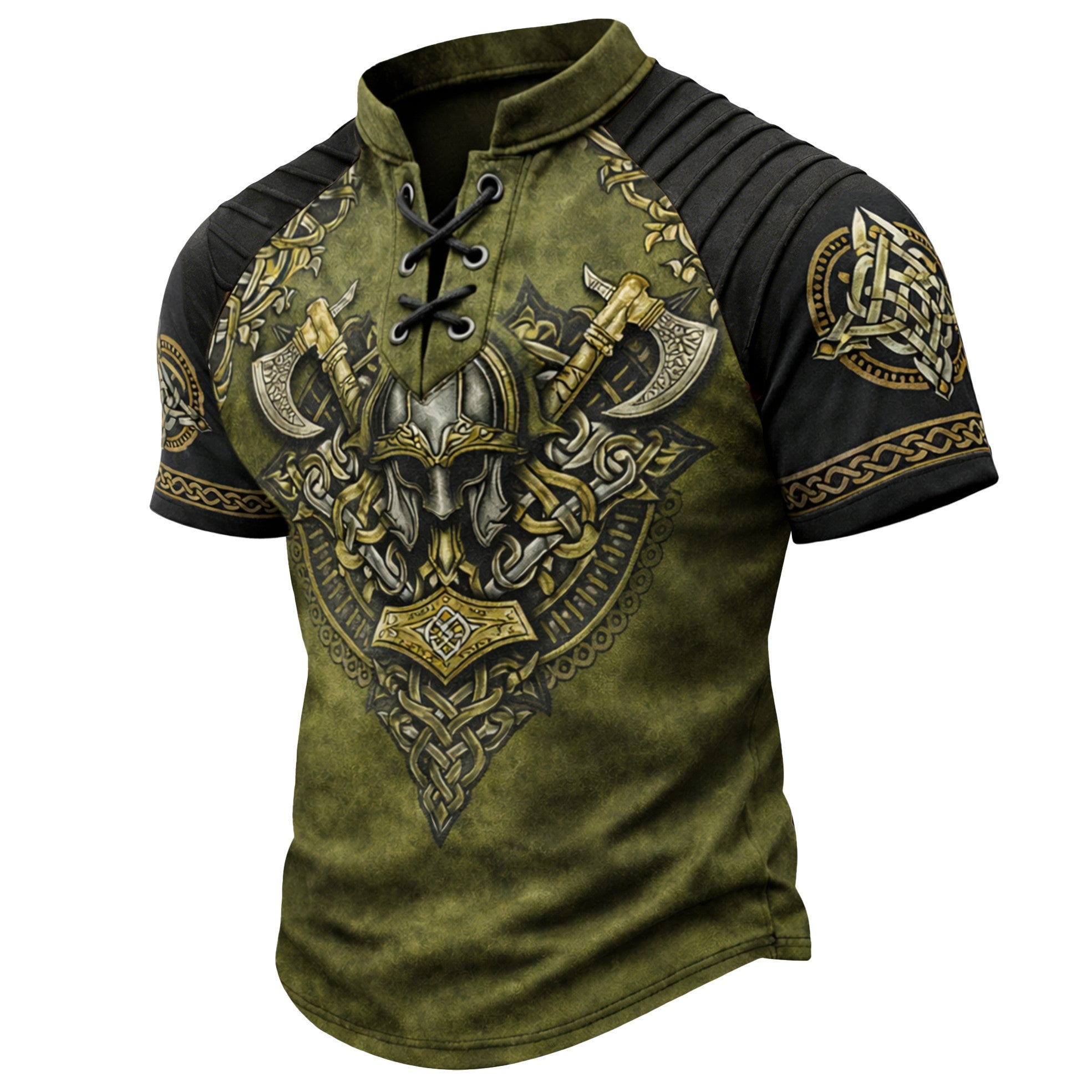 Men's Viking Graphic Short Sleeve Henley Top - Norse Warrior Axe Helmet Celtic Print