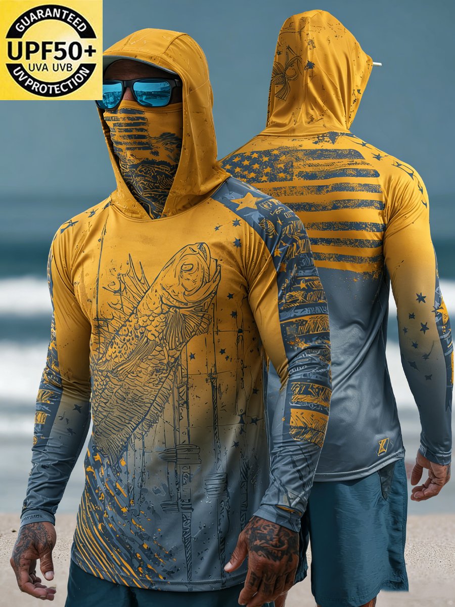 Men's Outdoor Sun Protection Breathable Cool Face Mask Hooded Printed Long-Sleeved Top