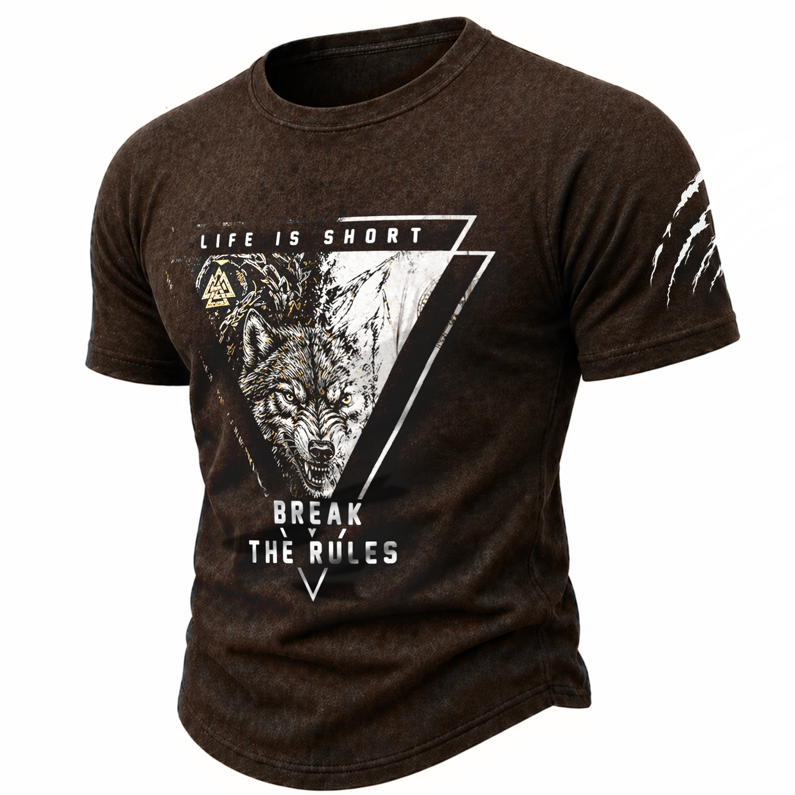 Men's Wolf & Slogan Graphic T-Shirt - Distressed Dark Brown Short Sleeve Crew Neck