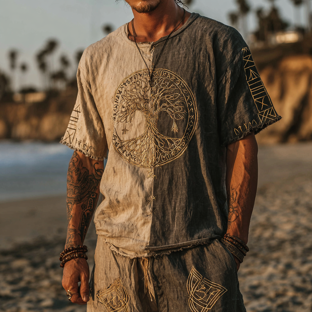 Men's Vintage Coastal Two-Tone Linen T-Shirt – Tree Of Life Design