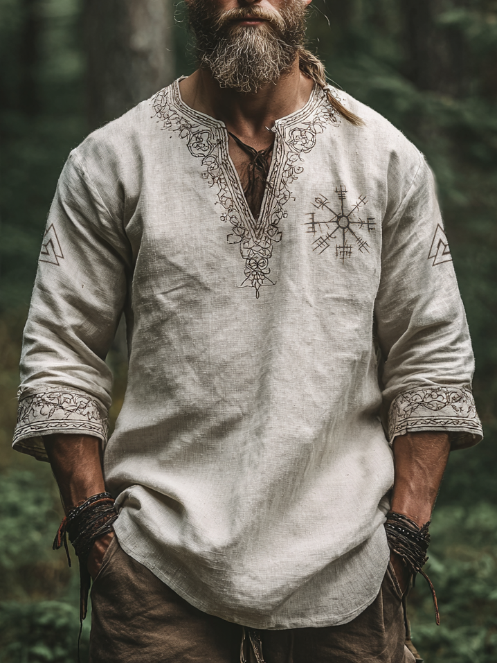 Men's Viking Style Vintage Long-Sleeve Linen T-shirt