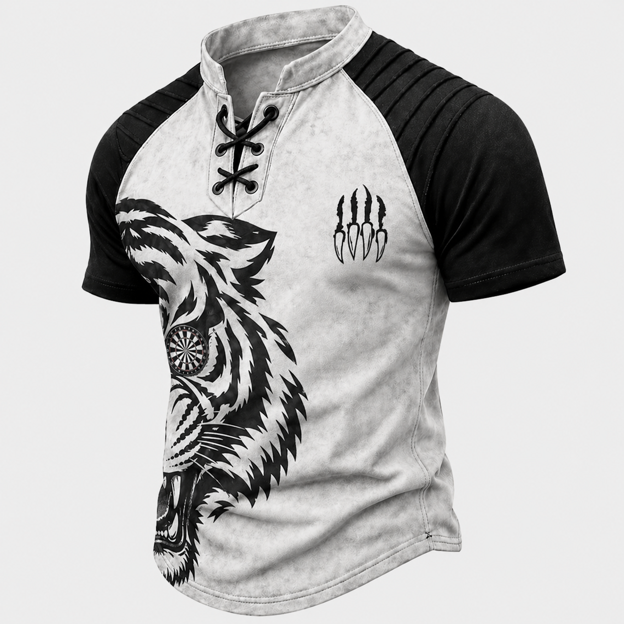 Men's Tiger Graphic Lace-Up Henley T-Shirt - Distressed Raglan Short Sleeve