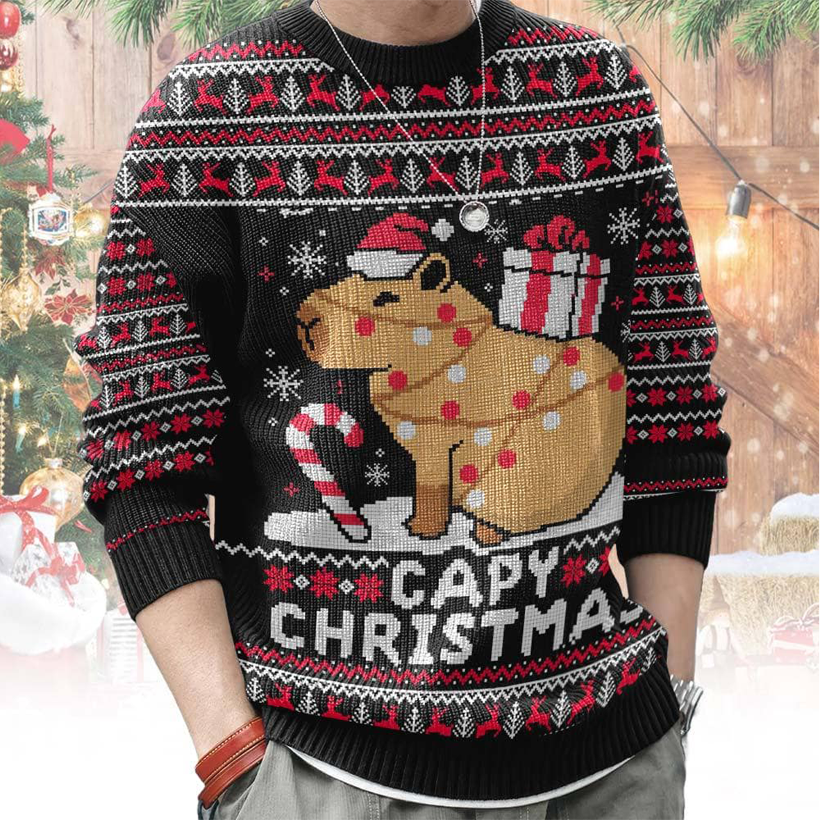 Unisex Capybara Print Crew Neck Ugly Christmas Sweatshirt