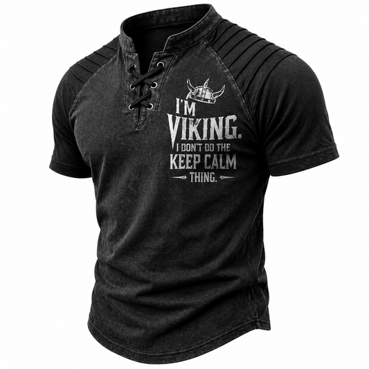 Men's Viking Graphic Lace-Up Henley T-Shirt - Washed Black Stand Collar Short Sleeve