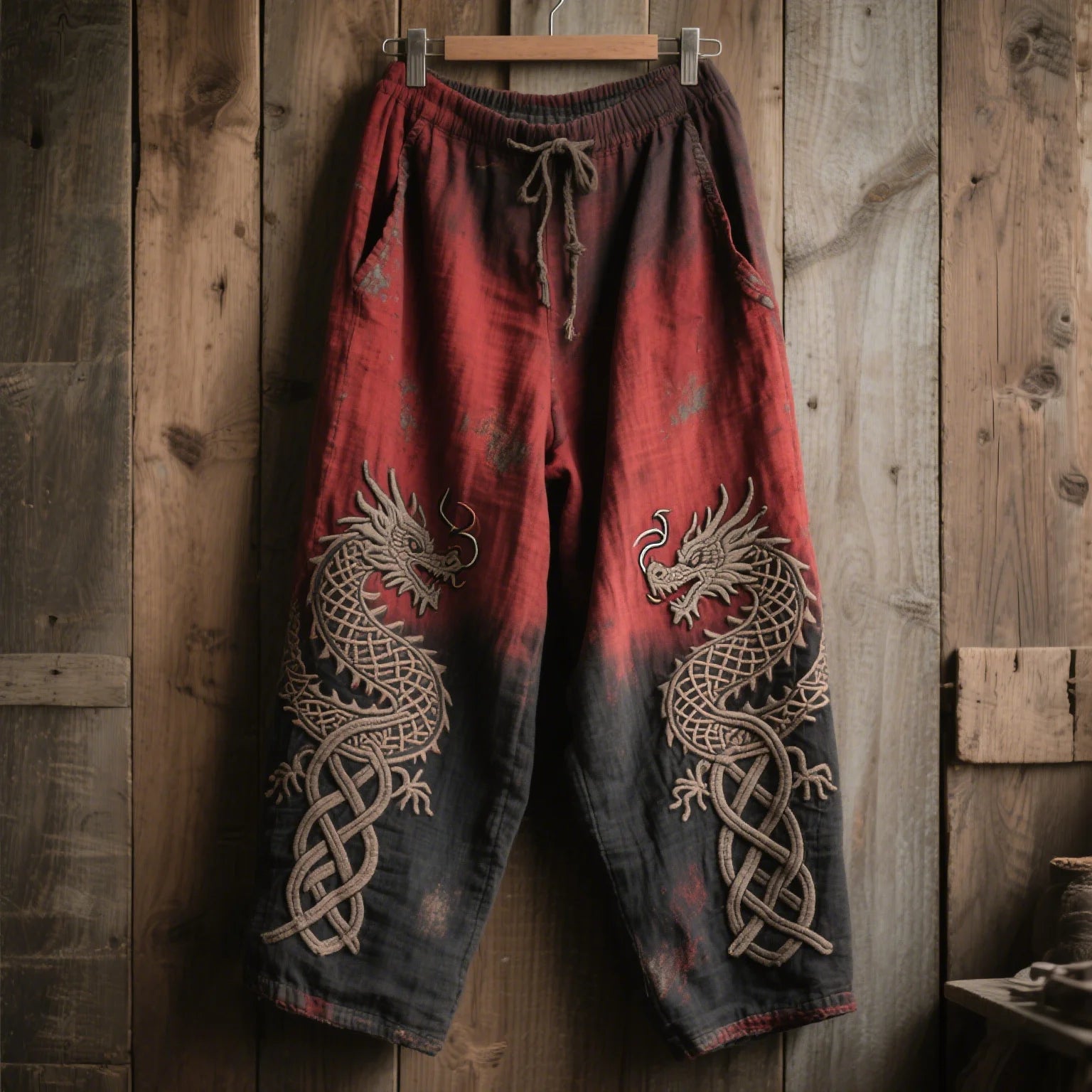 Unisex Dragon Wide Leg Pants - Vintage Ombre Red Black Drawstring Trousers