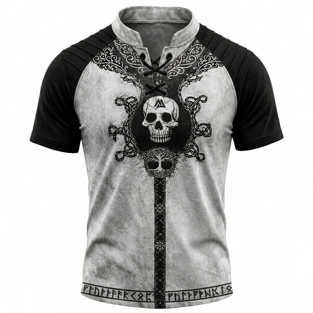 Men's Nordic Skull Print Lace-Up Henley T-Shirt - Distressed Beige Raglan Short Sleeve Top