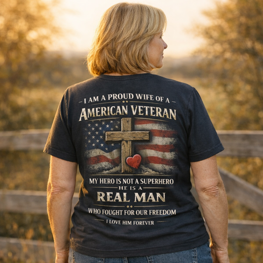 I Am A Proud Wife Of A American Veteran - My Hero Is Not A Superhero He Is A Real Man Who Fought For Our Freedom T-Shirt