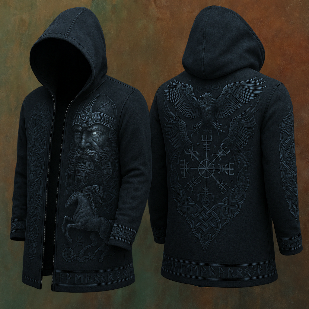 Men's Viking Tribal Runes Odin Raven Vintage Totem Hooded Jacket