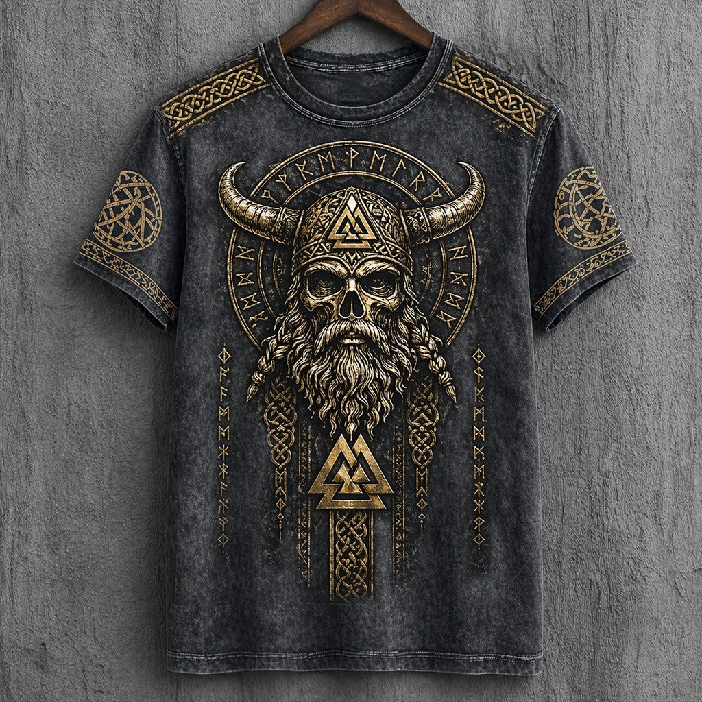 Unisex Viking Skull Graphic T-Shirt - Distressed Gold Norse Runic Print Short Sleeve Tee