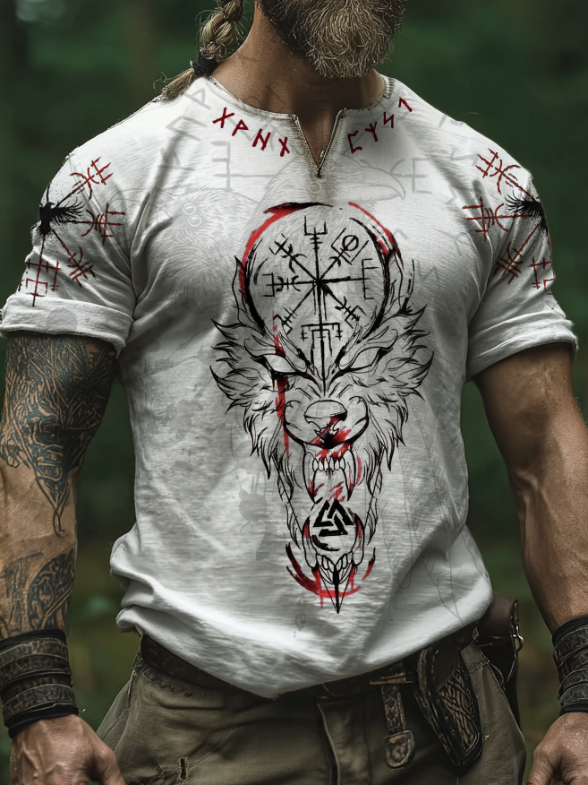 Men's Viking Nordic Wolf Blood Rune Totem Retro Shirt