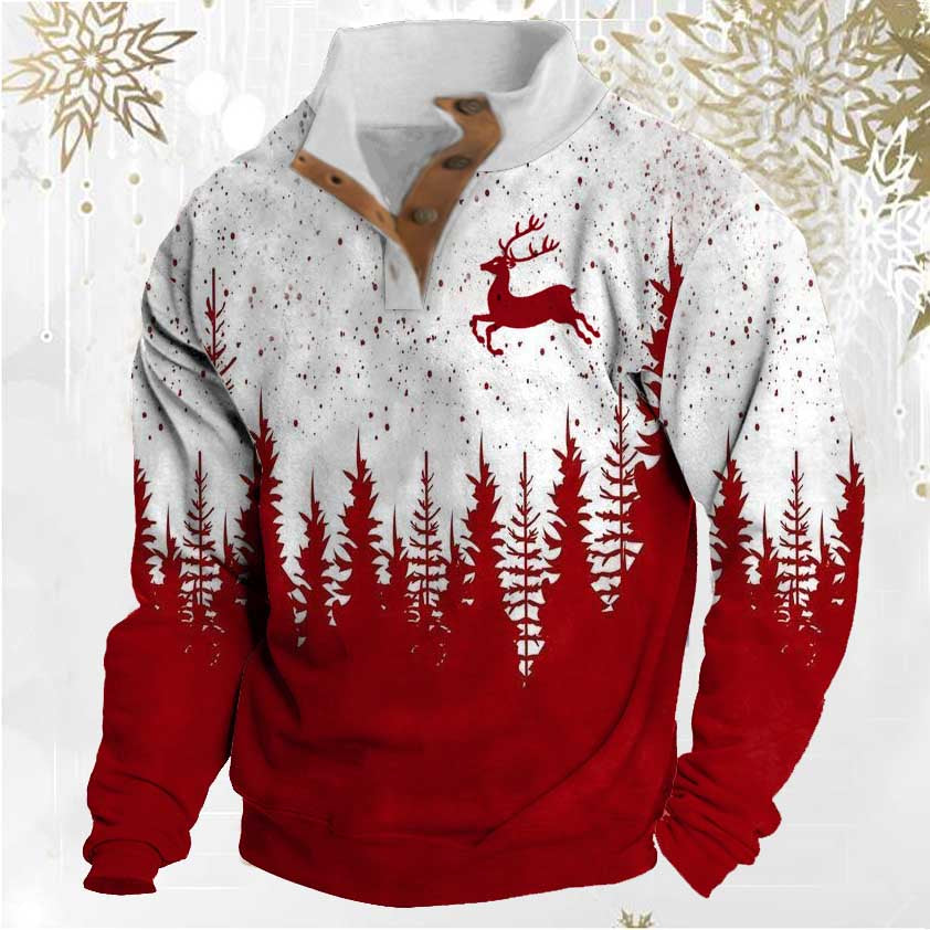 Men's Sweatshirt Christmas Tree Reindeer Stand Collar Buttons Daily Tops Red