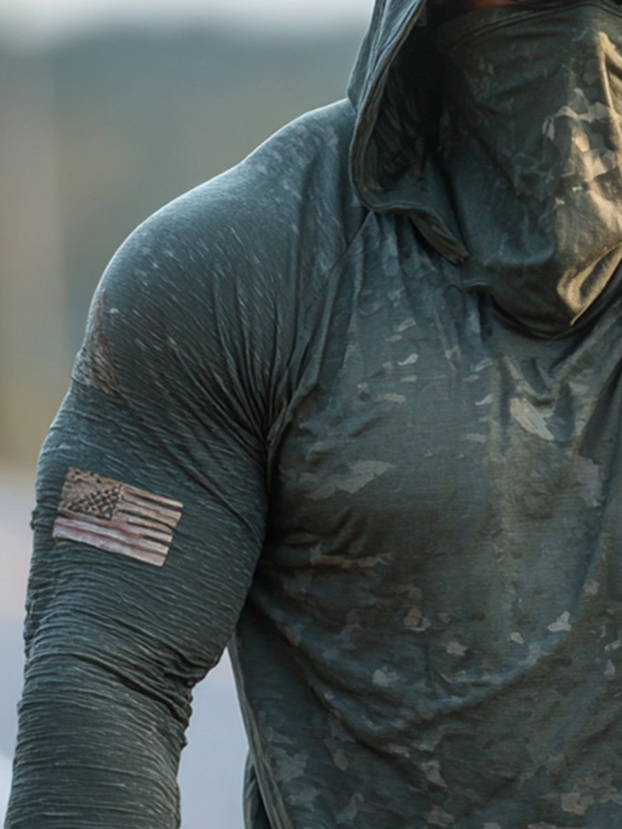 Men's Retro Army Green Flag Print Outdoor Sun Protection Breathable Cooling Mask Hooded Sun Protection Long Sleeve Top